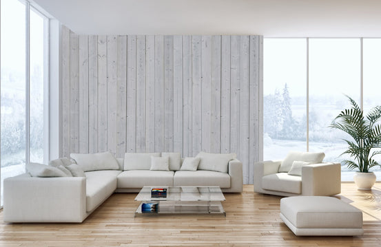 Minimalist living room featuring Authentic Wood Plank Wallpaper