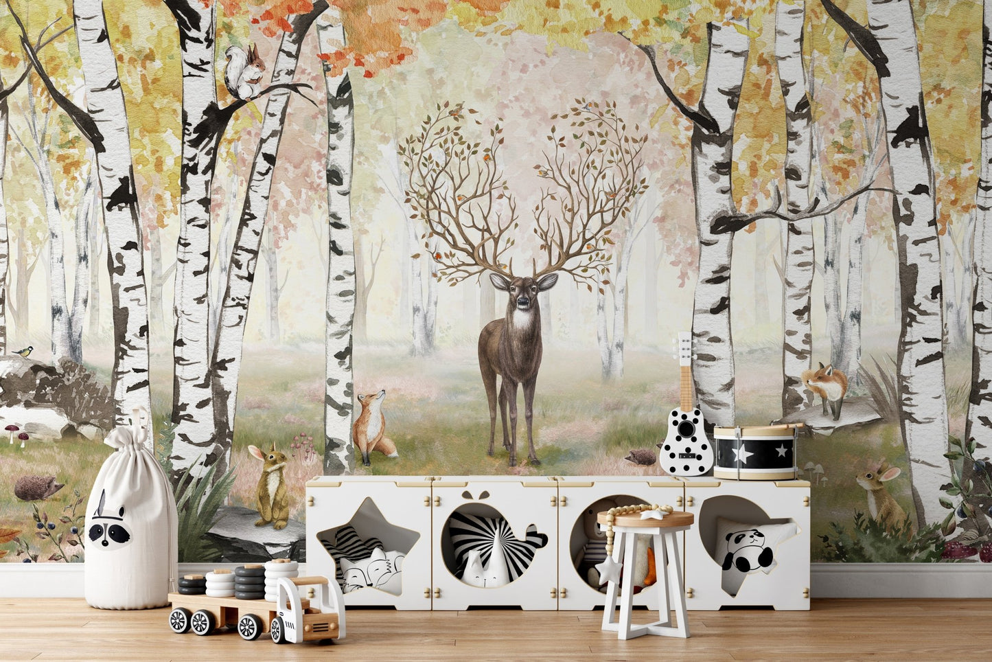 Autumn mural with antlered deer in a tranquil forest for kids play area.
