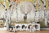 Autumn mural with antlered deer in a tranquil forest for kids play area.
