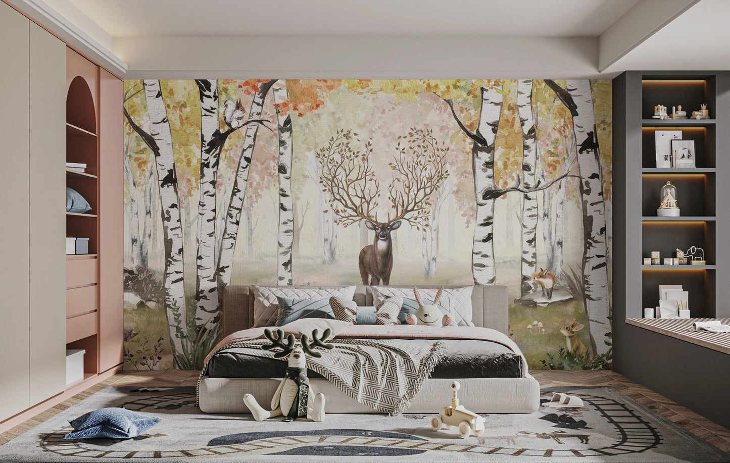 Scenic woodland mural with autumnal antlered beauty for bedroom interior.

