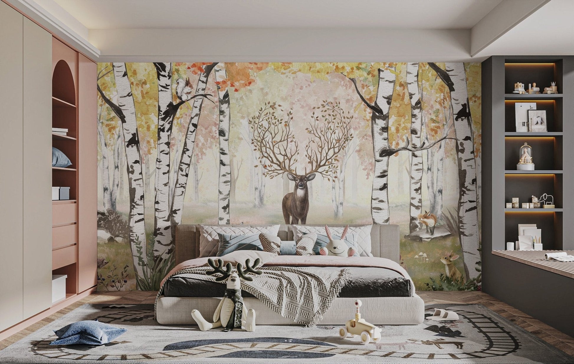 Scenic woodland mural with autumnal antlered beauty for bedroom interior.
