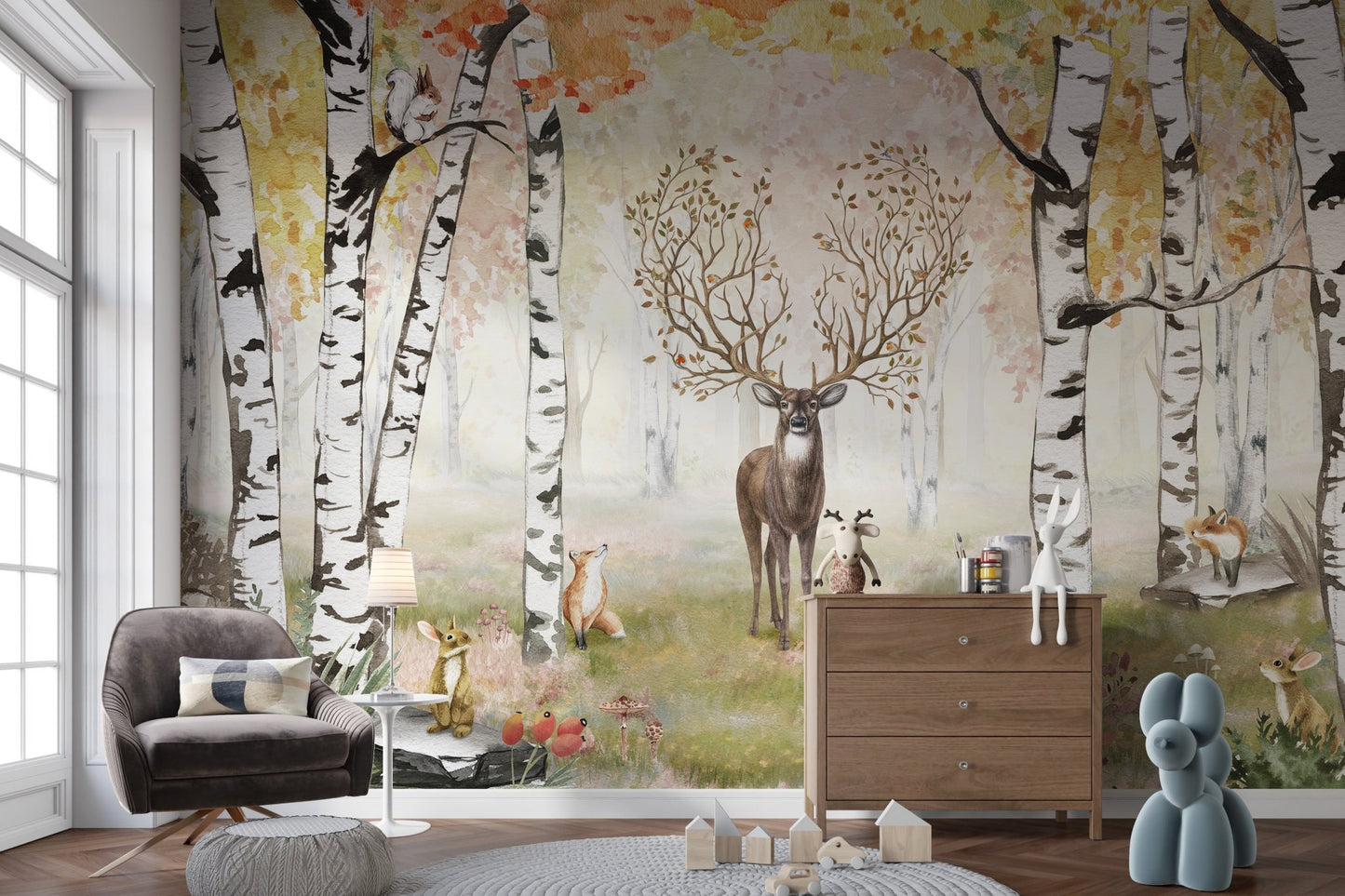 Forest mural showcasing autumn majesty and deer for kids room.
