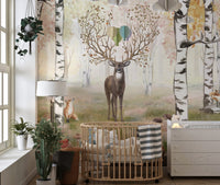 Woodland majesty mural highlighting antlered deer for toddler's room walls.
