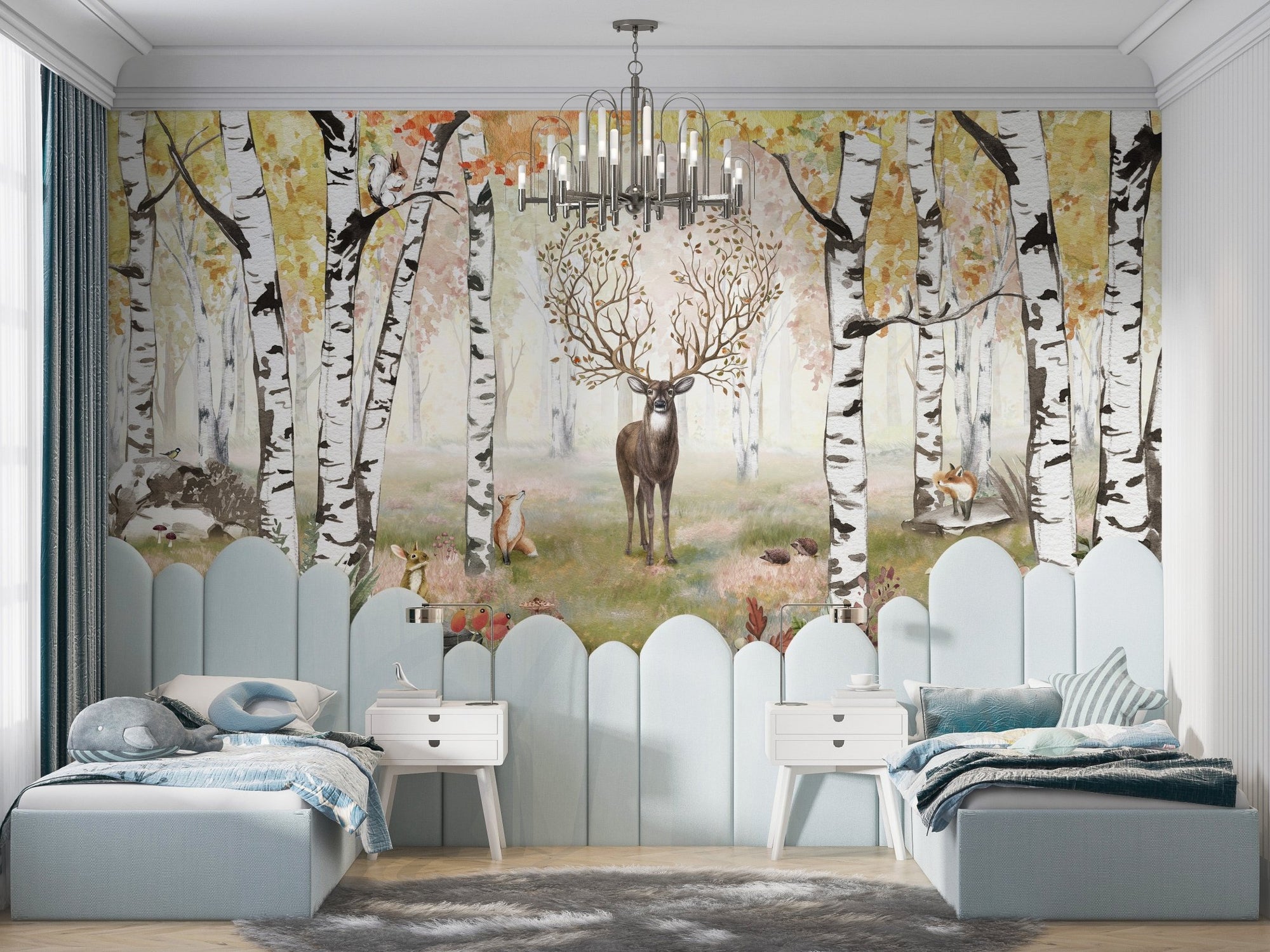 Antlered deer mural with serene autumn woodland vibes for children's bedroom.
