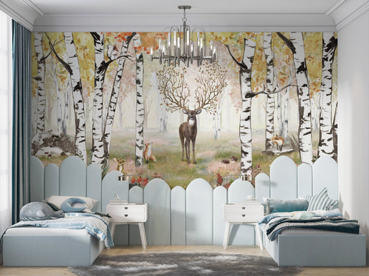 Antlered deer mural with serene autumn woodland vibes for children's bedroom.
