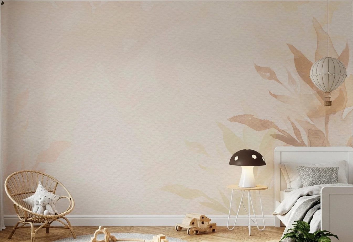 Minimalist bedroom area showing Autumn Blush Foliage wall mural.