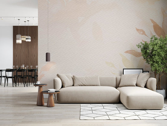 Modern open-plan living area with peach foliage wall mural.