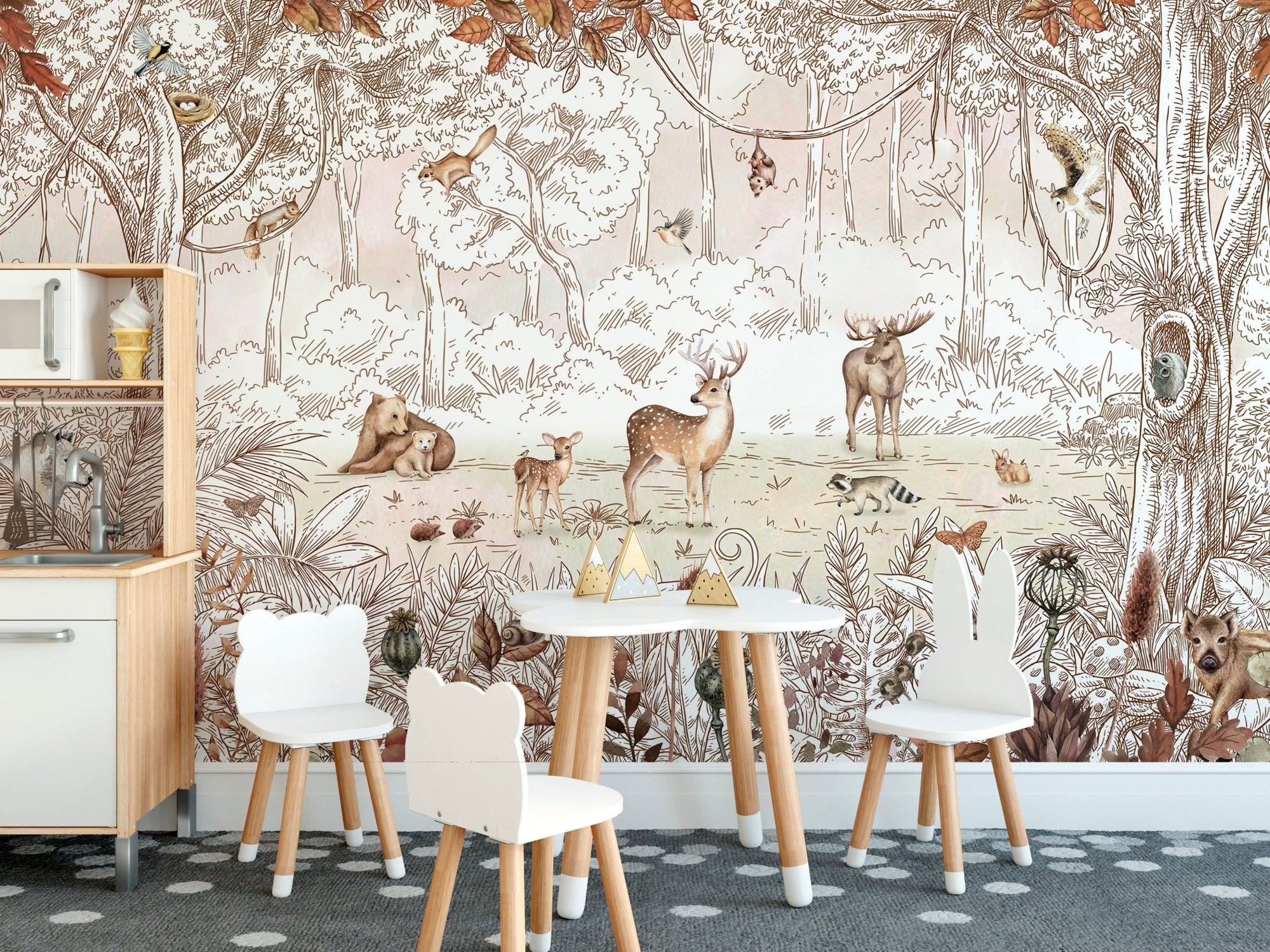 Detailed sketch of woodland creatures in an autumn forest animals wall mural.