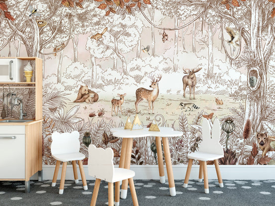 Detailed sketch of woodland creatures in an autumn forest animals wall mural.