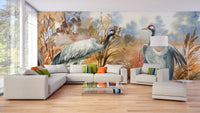 Open plan living space with large scale autumn landscape wall mura.