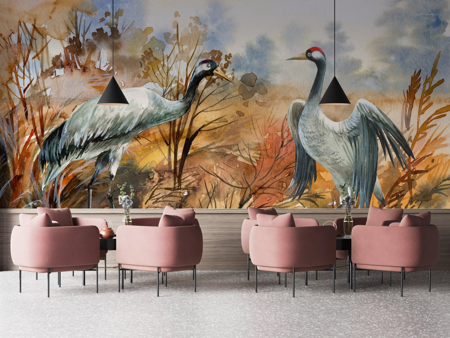 Commercial office area with watercolor crane birds wall mural.