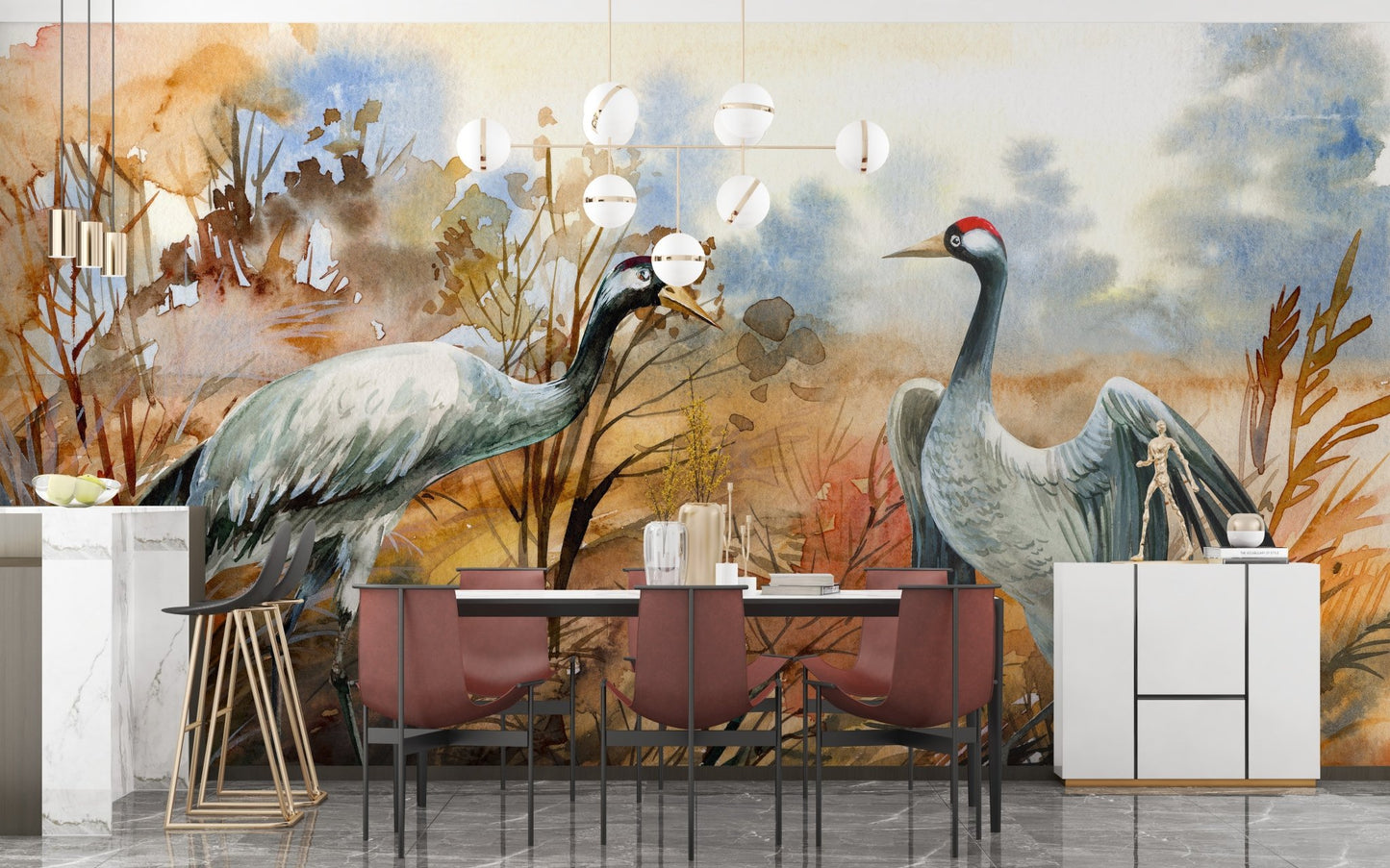 Formal dining room featuring autumn landscape & crane birds mural.