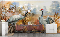 Formal dining room featuring autumn landscape & crane birds mural.