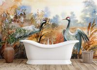 Autumn landscape and crane birds mural design in modern bathroom.