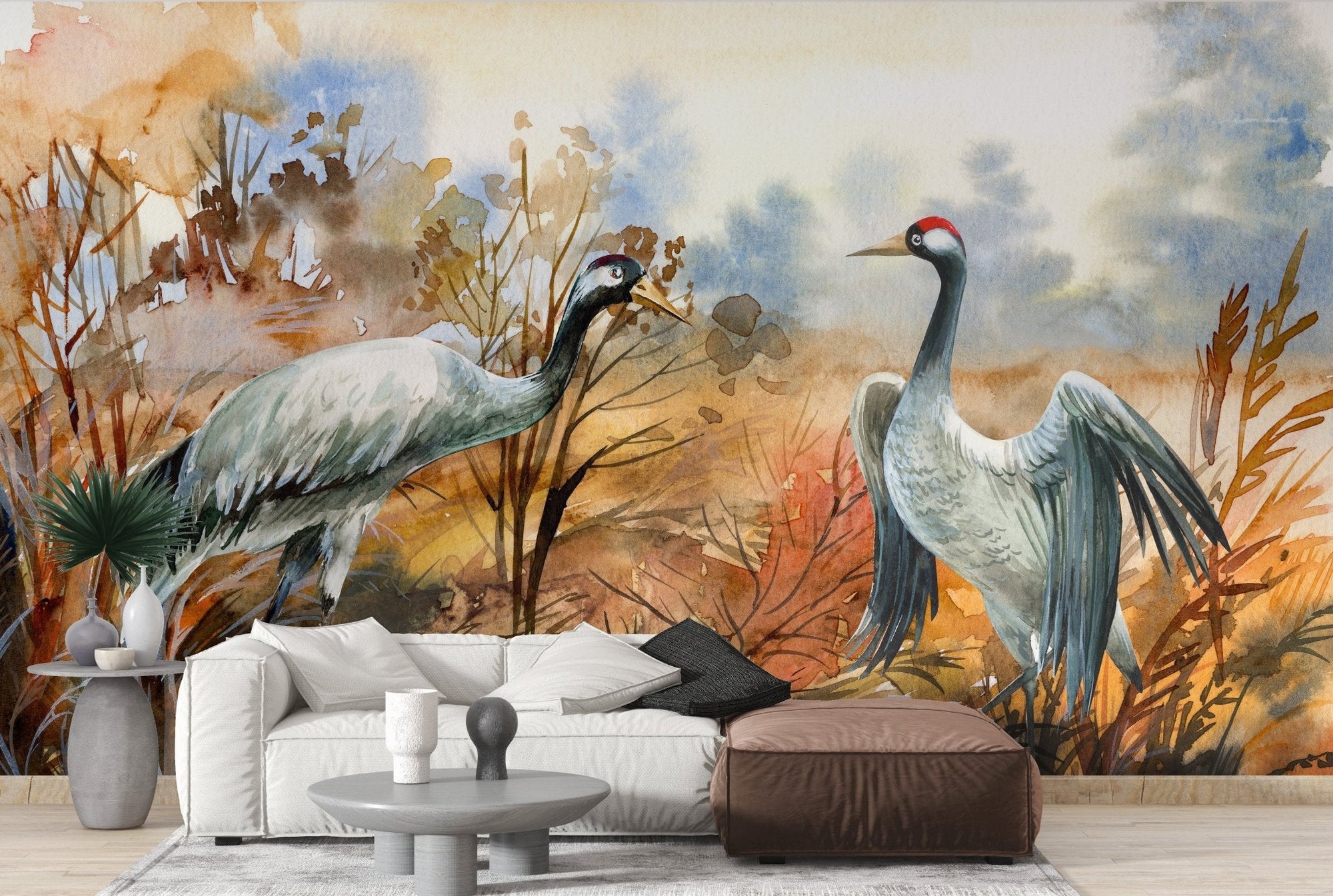 Contemporary living area with grey crane birds wall mural.