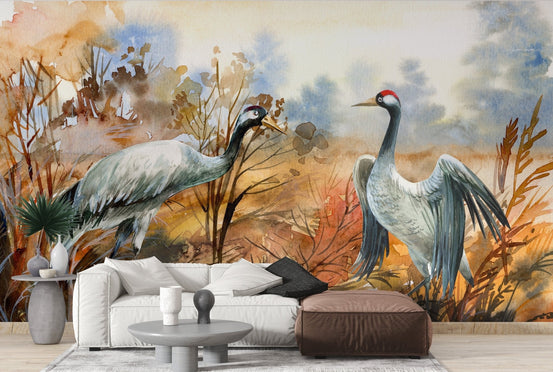 Contemporary living area with grey crane birds wall mural.