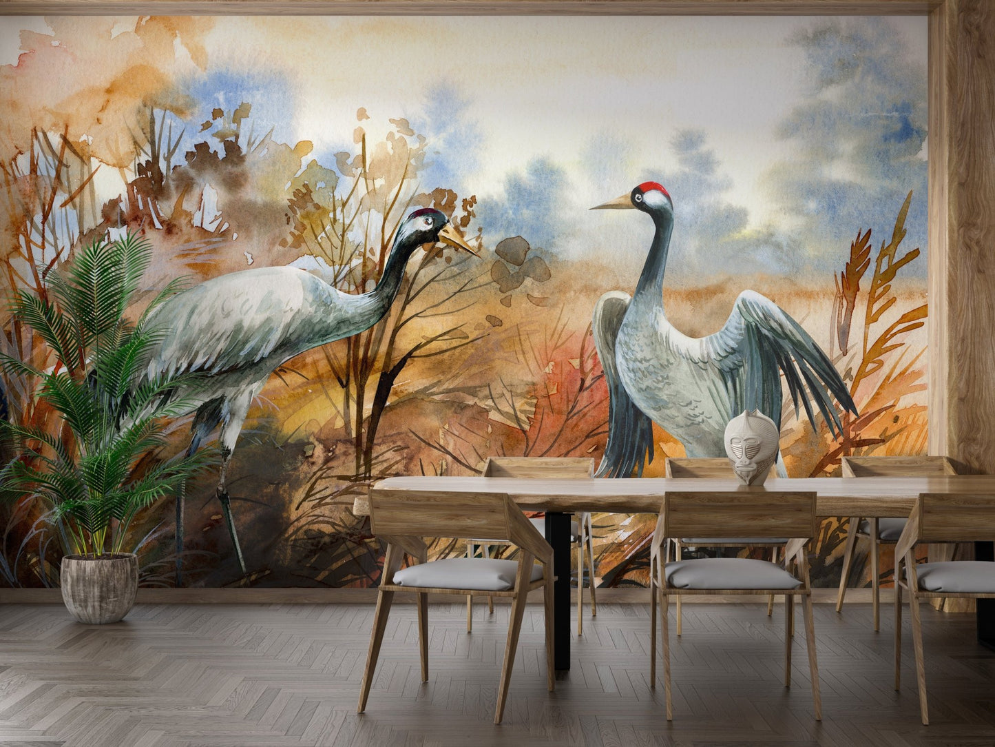 Watercolor autumn crane birds wall mural in modern dining room.