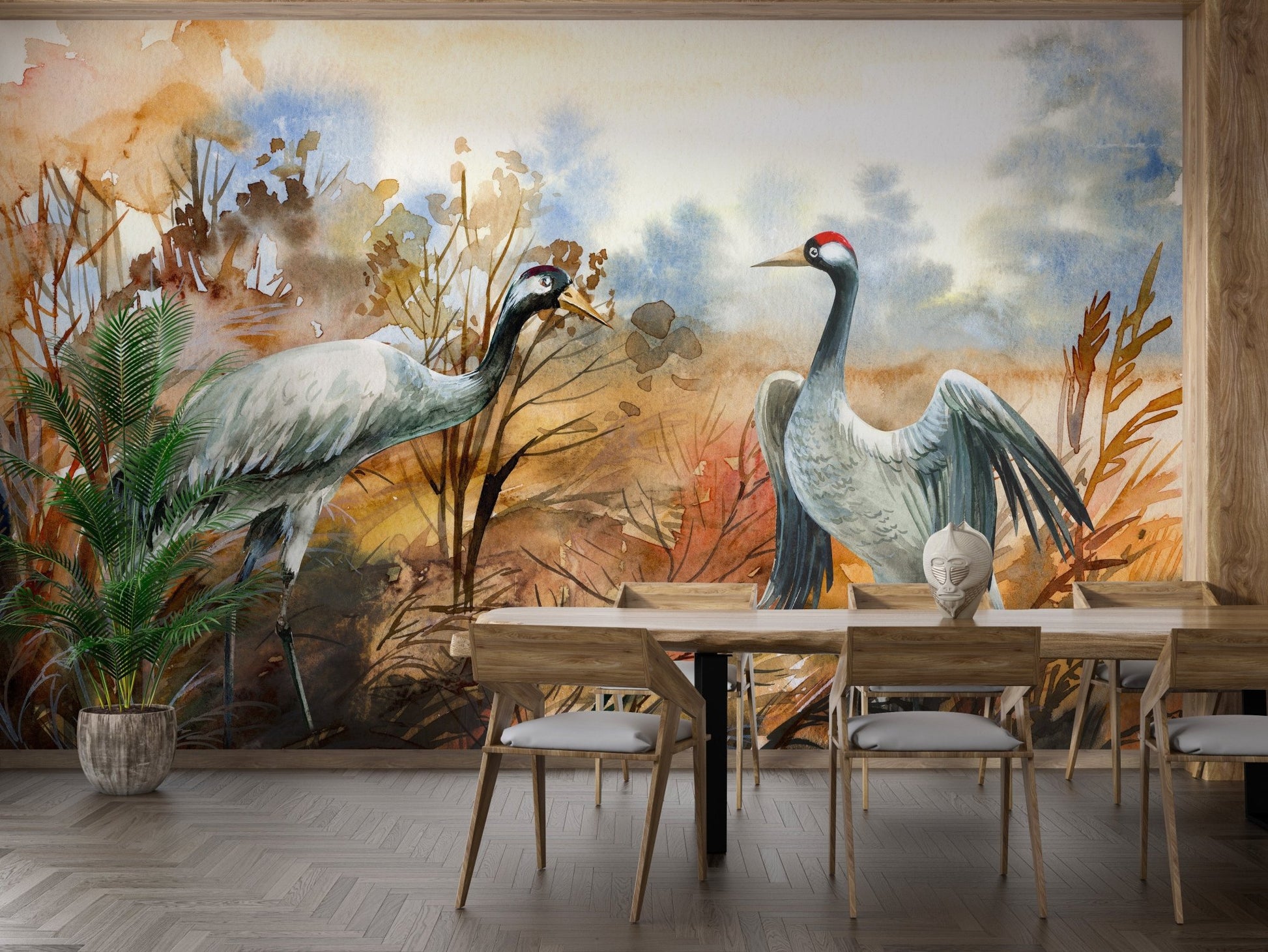 Watercolor autumn crane birds wall mural in modern dining room.