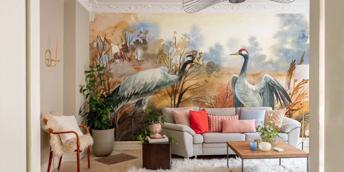 Living room with autumn landscape & crane birds watercolor wall mural