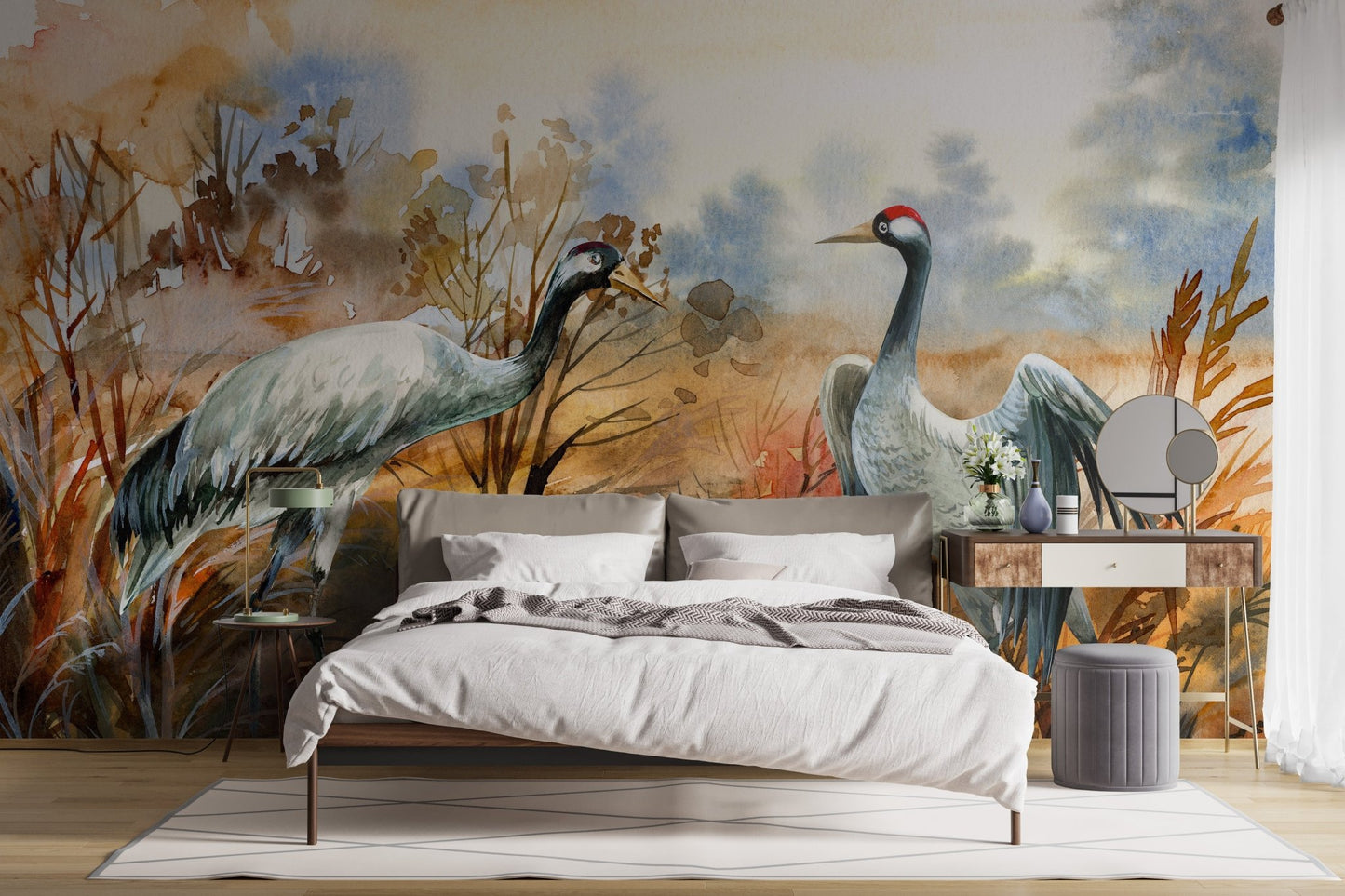 Master bedroom with crane birds wall mural in orange tone.