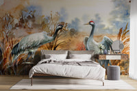 Master bedroom with crane birds wall mural in orange tone.