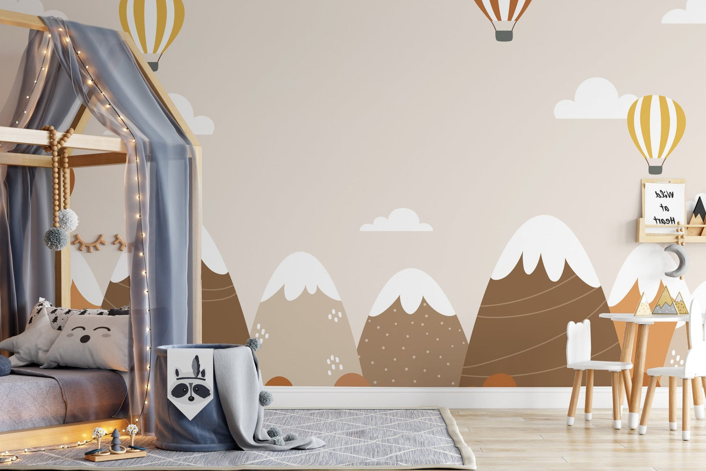 Colorful mural with hot air balloons over an autumn landscape for kids room.
