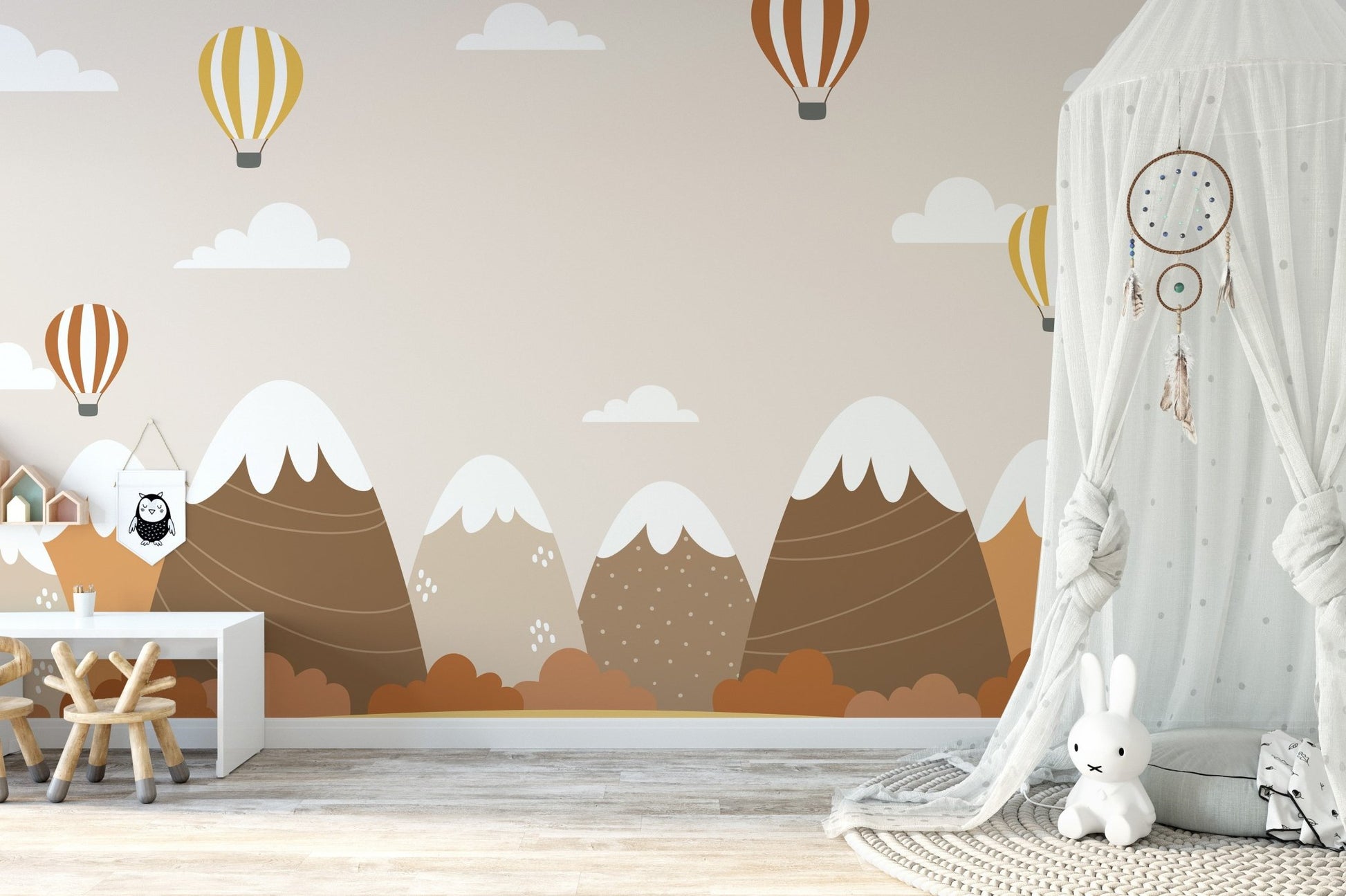 Playroom feature wall with Autumn Landscape with Hot Air Balloons Wallpaper.