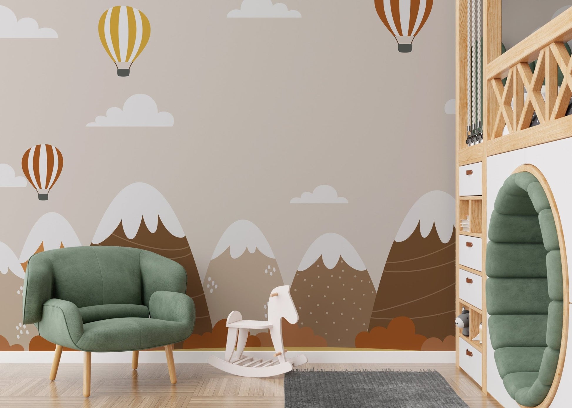 Scenic autumn mural for nursery wall with floating hot air balloons and hills.
