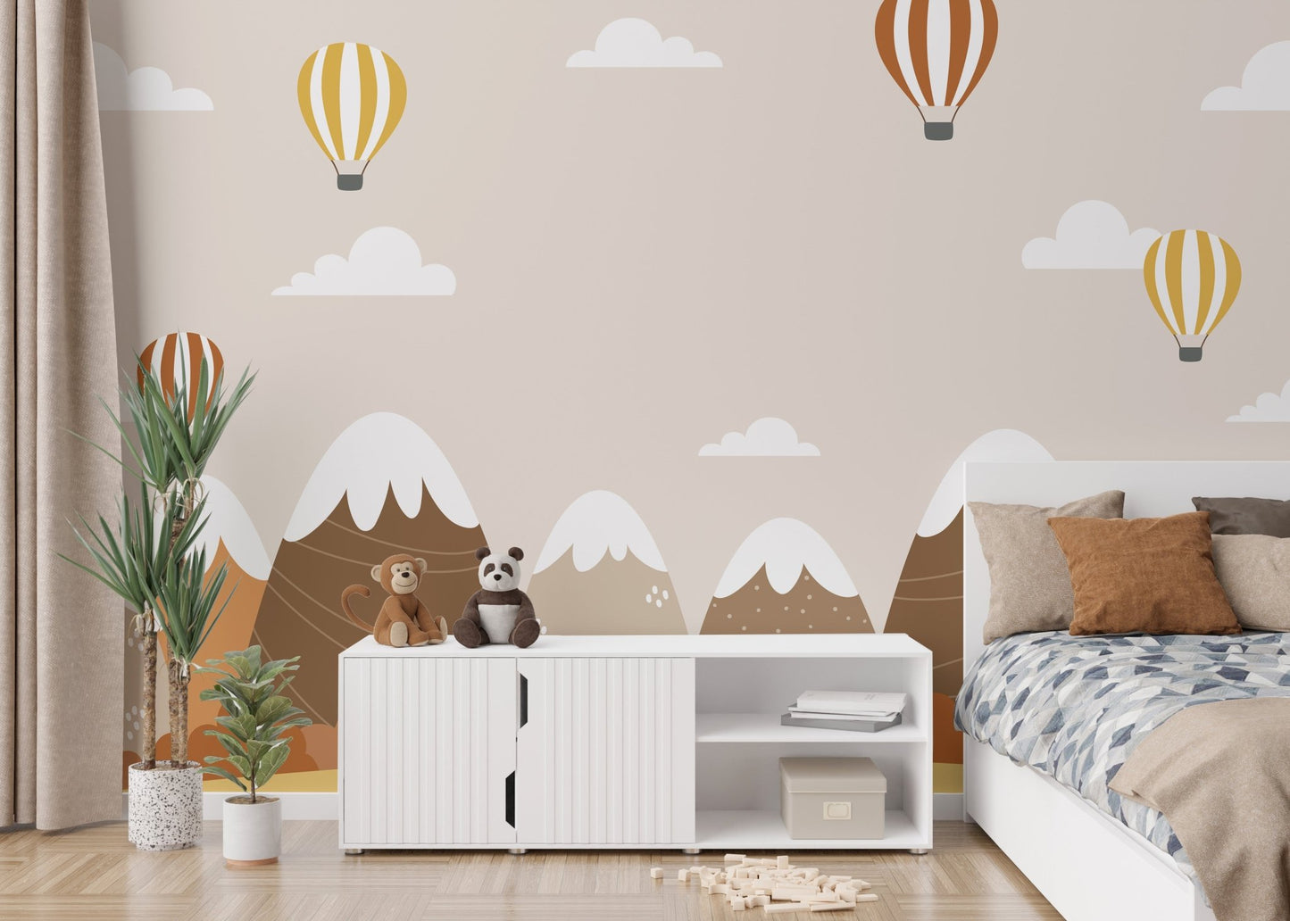 Autumn landscape mural featuring hot air balloons and nature for kids bedroom.
