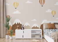 Autumn landscape mural featuring hot air balloons and nature for kids bedroom.
