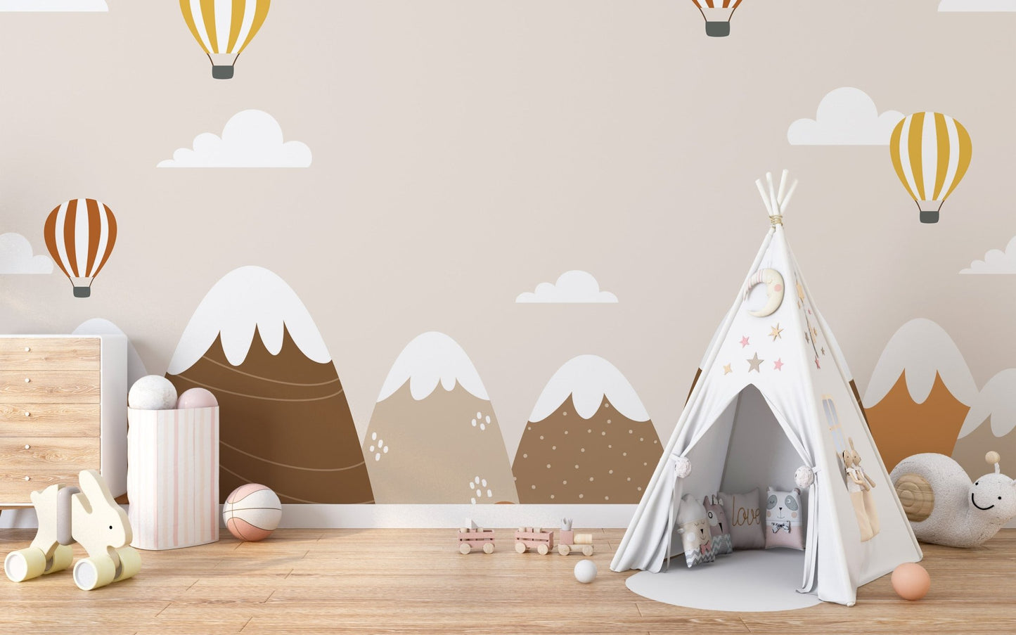 Autumn landscape mural with colorful hot air balloons and trees for kids room.
