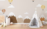Autumn landscape mural with colorful hot air balloons and trees for kids room.
