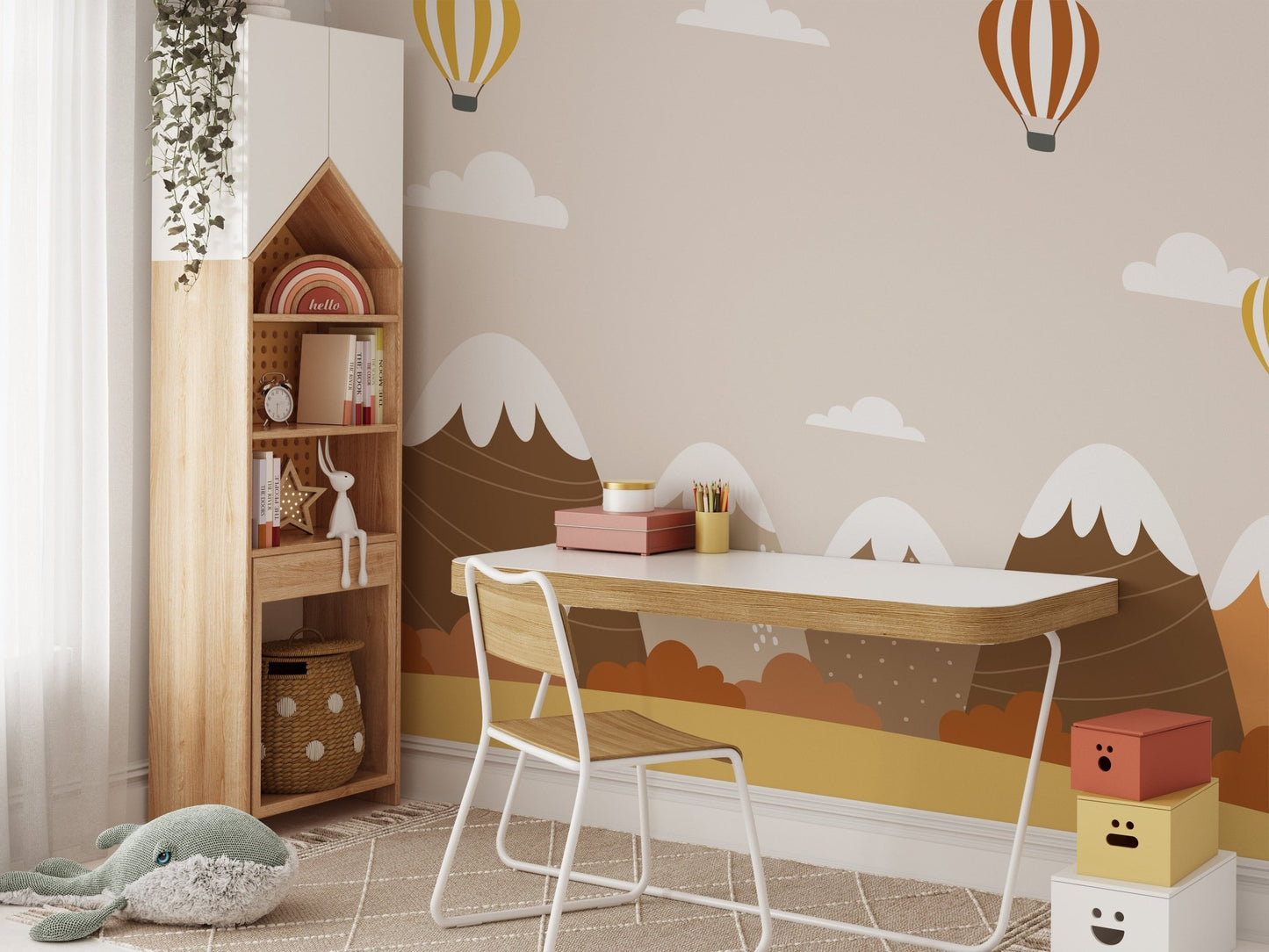 Hot air balloons above autumn trees mural for seasonal study area decor.
