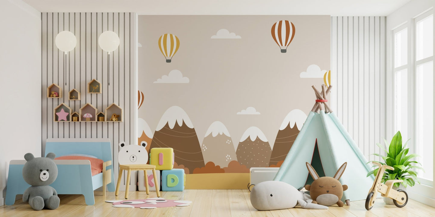 Hot air balloons soaring over an autumn landscape mural for nursery interior.
