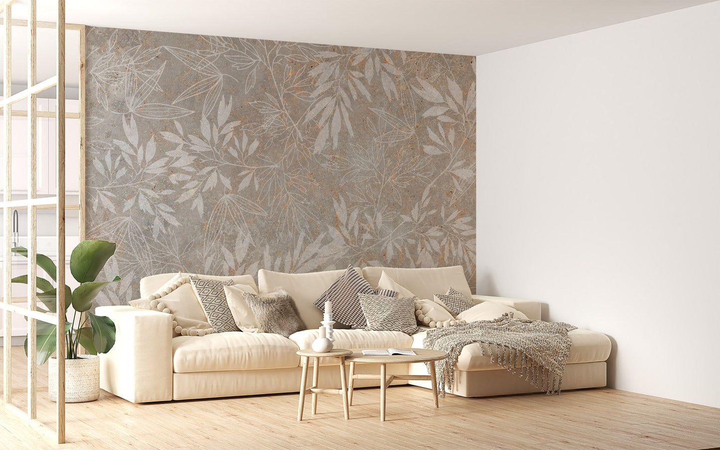 Rustic botanical wall mural in muted earth color palette.