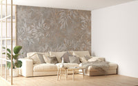 Rustic botanical wall mural in muted earth color palette.
