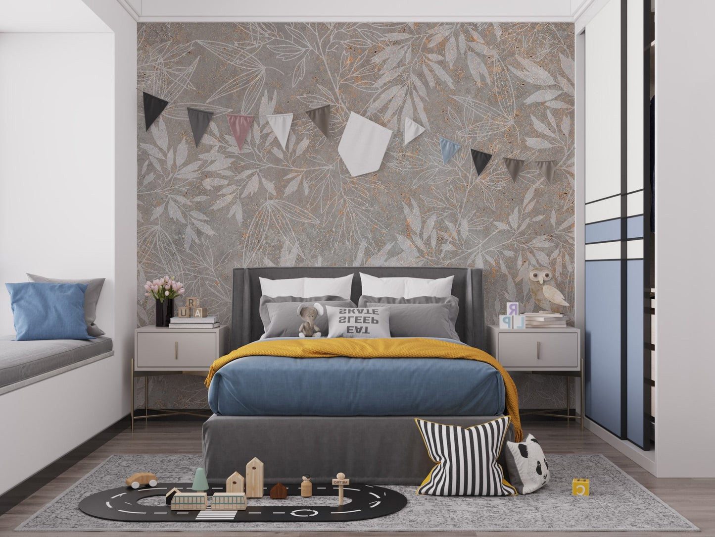 Vintage leaf pattern wallpaper with subtle distressed finish.