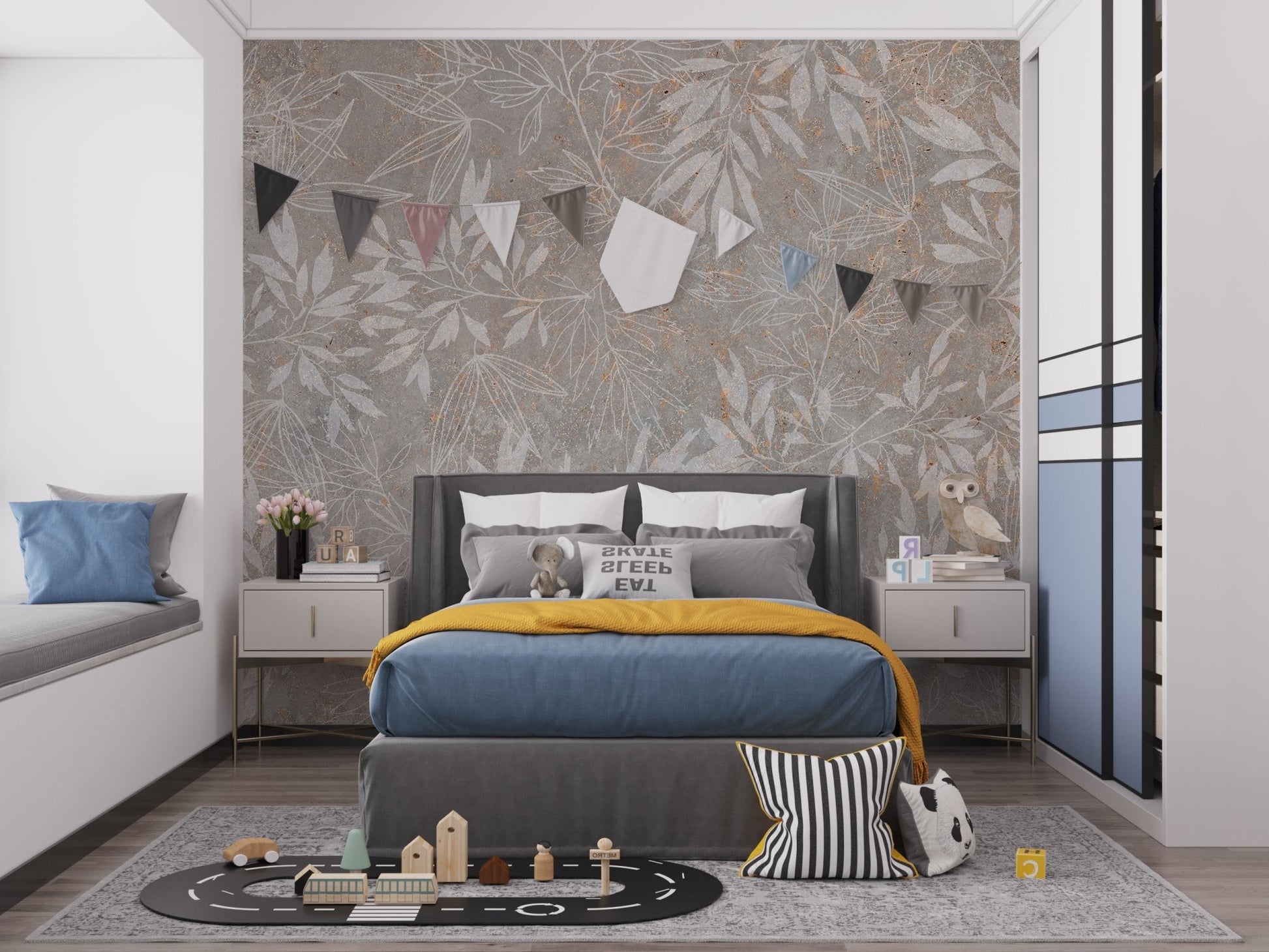 Vintage leaf pattern wallpaper with subtle distressed finish.