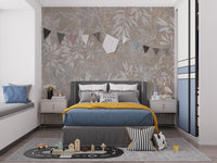 Vintage leaf pattern wallpaper with subtle distressed finish.