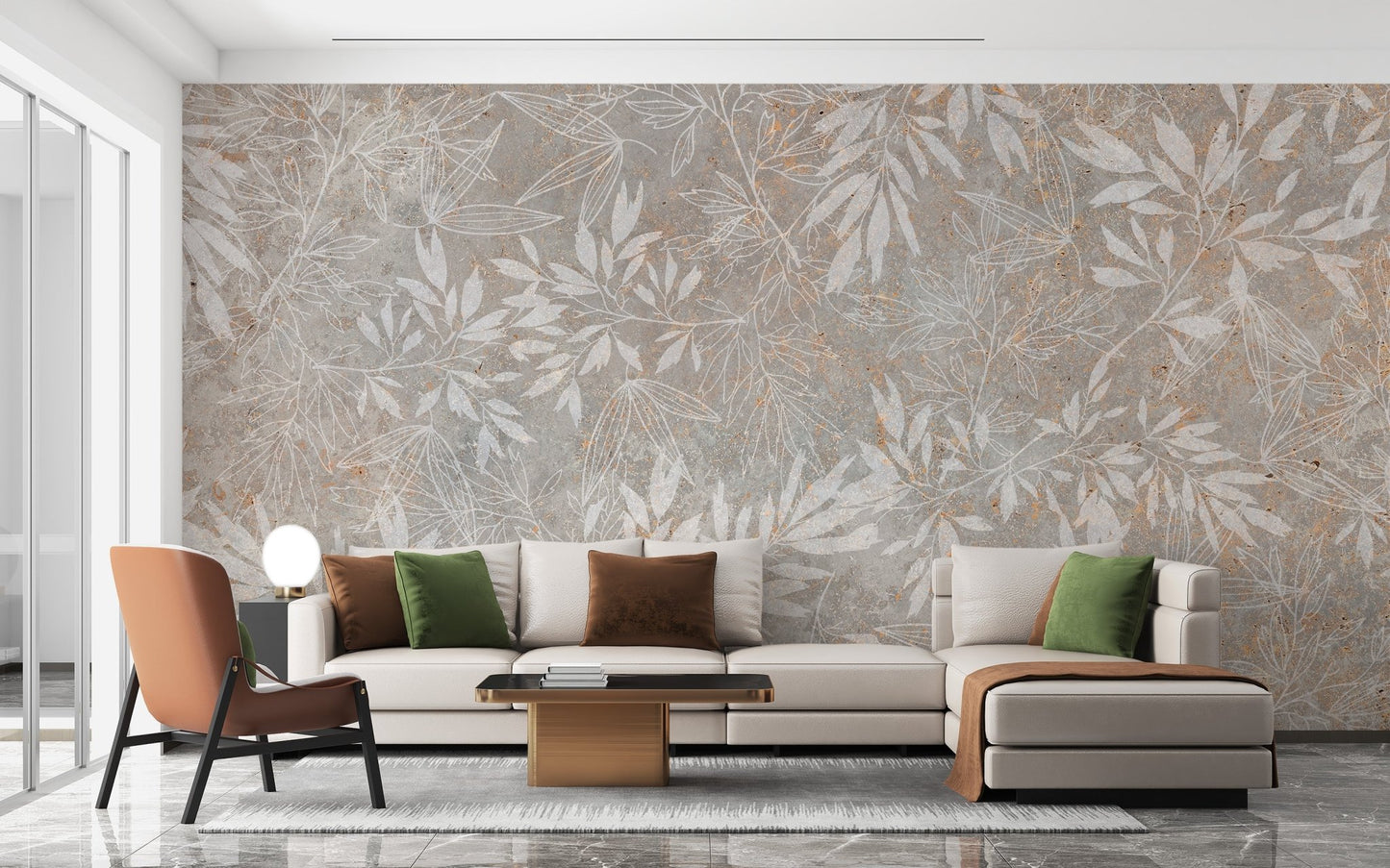 Soft beige foliage wallpaper in modern abstract style.