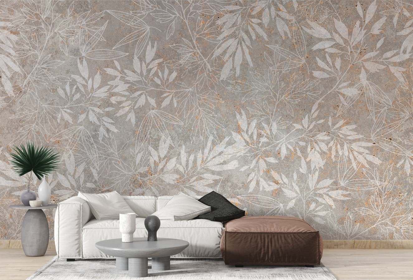 Autumn leaves wallpaper with beige and gray botanical pattern.