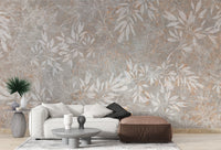 Autumn leaves wallpaper with beige and gray botanical pattern.
