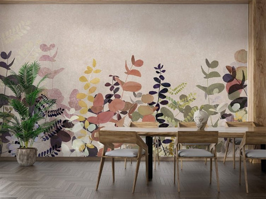 Watercolor botanical wall mural featuring fern leaves for dining room.