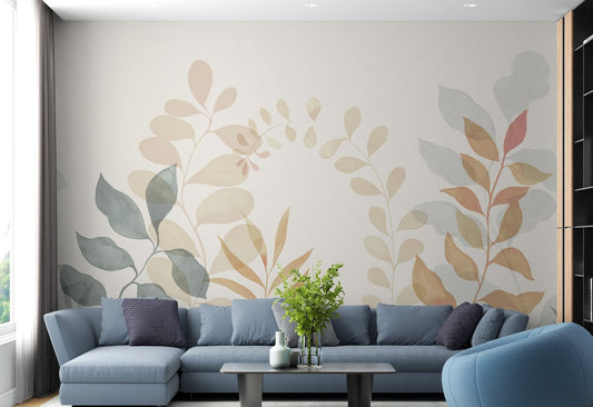 Scandinavian style leaf wallpaper wall mural with pastel tones.