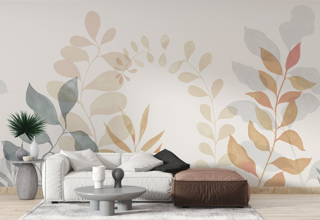 Contemporary autumn leaves wallpaper wall mural with airy layout.