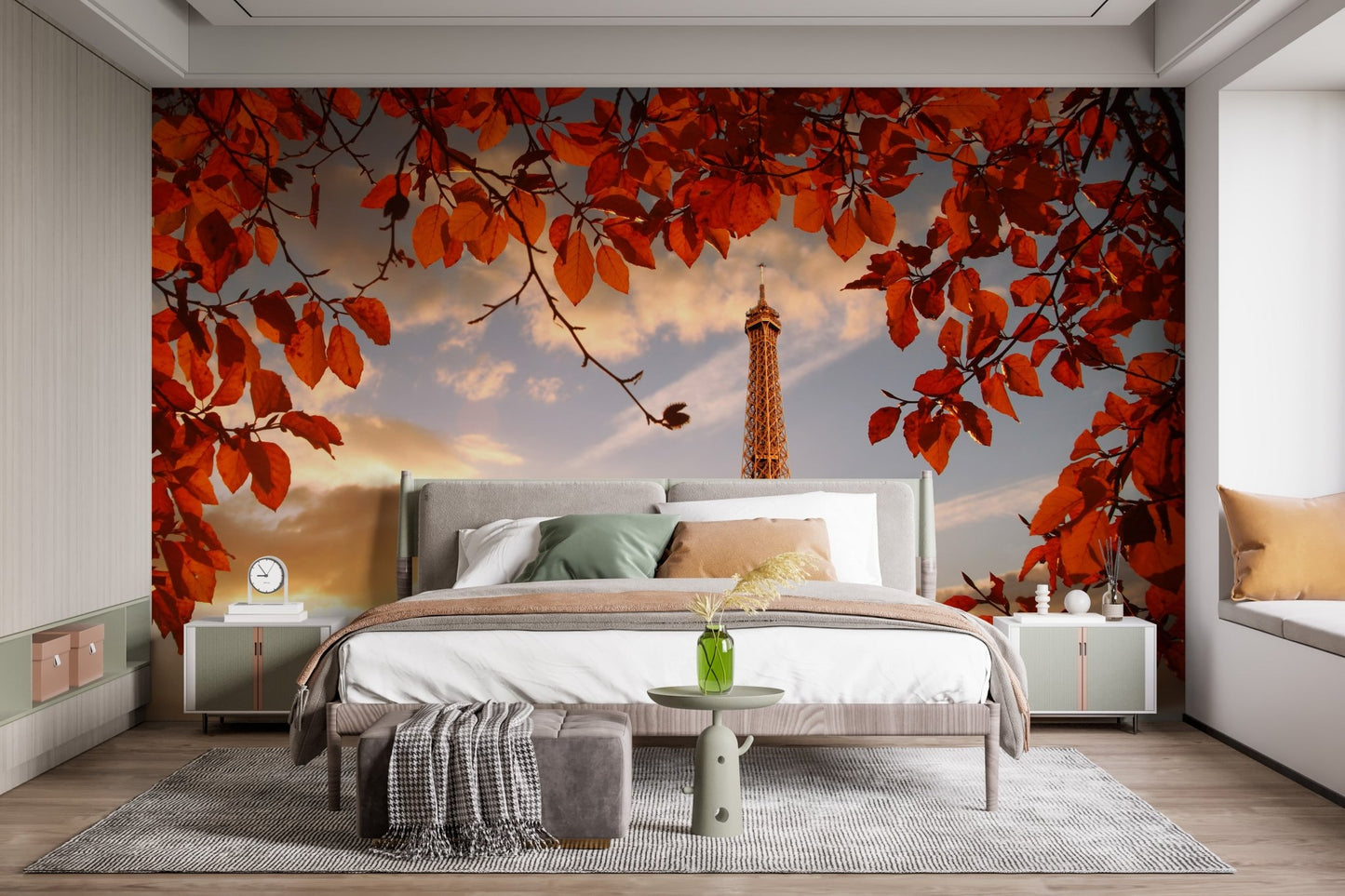 Paris Eiffel Tower wall mural in a bedroom with a grey rug and bench.