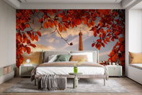 Paris Eiffel Tower wall mural in a bedroom with a grey rug and bench.