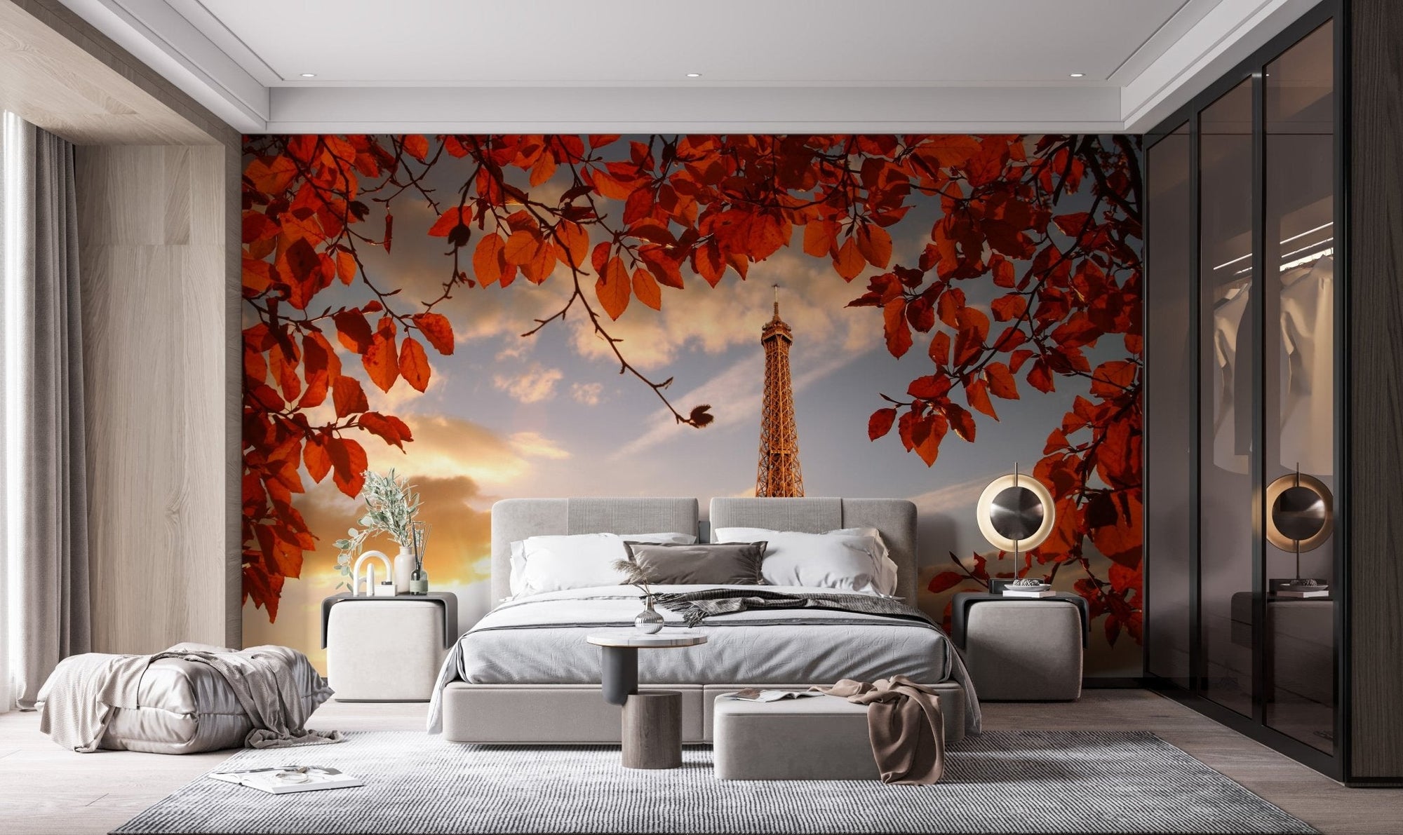 Autumn Whispers in Paris Wall Murals in a bedroom with grey bedding.