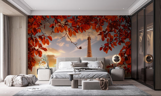 Autumn Whispers in Paris Wall Murals in a bedroom with grey bedding.