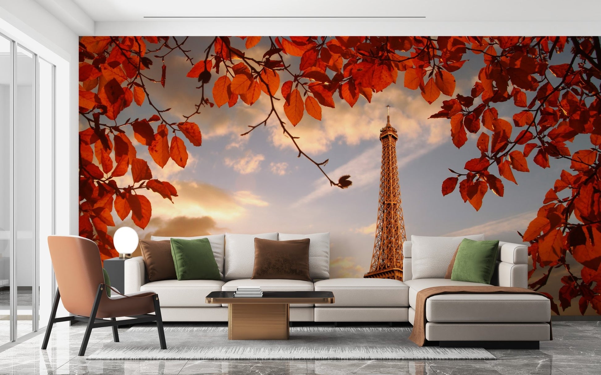 Scenic city wallpaper mural in a living room with a green plant and white couch.